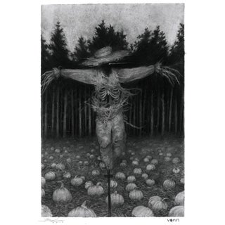 Scarecrow by Timothy Von Rueden and Babs Webb | Powdered graphite on bristol depicting a scarecrow in a pumpkin field. For Sale