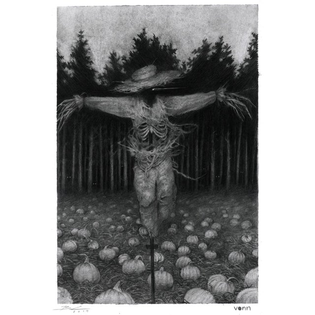 Scarecrow by Timothy Von Rueden and Babs Webb | Powdered graphite on bristol depicting a scarecrow in a pumpkin field. For Sale