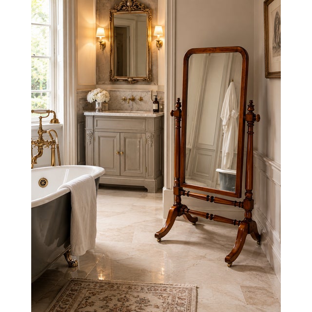 An antique Victorian mahogany freestanding cheval mirror with a large adjustable rectangular plate, turned supports and an...