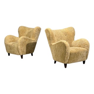 Swedish Modern, Organic Lounge Chairs, Shearling, Wood, Sweden, 1940s For Sale