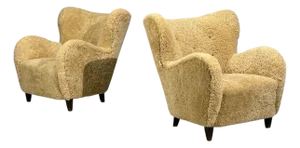 Swedish Modern, Organic Lounge Chairs, Shearling, Wood, Sweden, 1940s