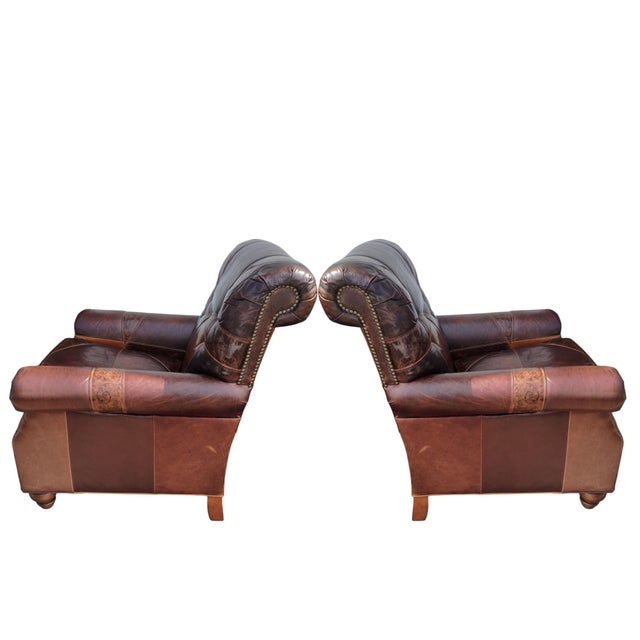 1980s Stunning 3-Piece Seating Set: Paul Robert Patchwork Leather Club Chairs & Pottery Barn Ottoman For Sale - Image 10 of 12