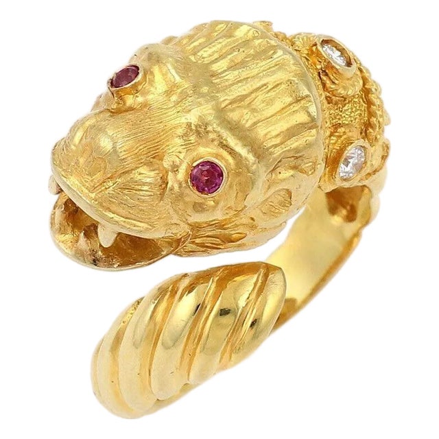 Ilias Lalaounis Diamond Ruby 18k Yellow Gold Lion Head Bypass Ring - Size 6.75 For Sale