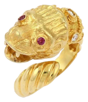 Ilias Lalaounis Diamond Ruby 18k Yellow Gold Lion Head Bypass Ring - Size 6.75
