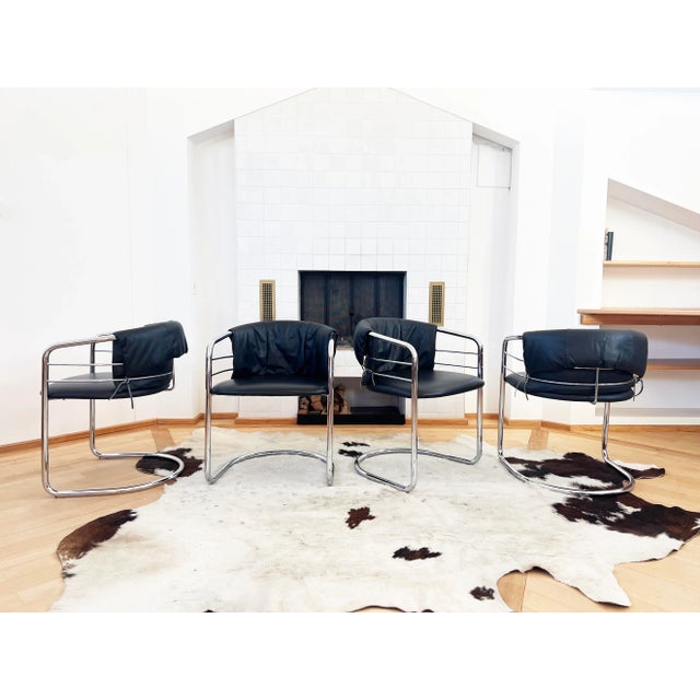 Black 1980s Pair of Postmodern Italian Leather and Polished Chrome Accent Sling Chairs For Sale - Image 8 of 12