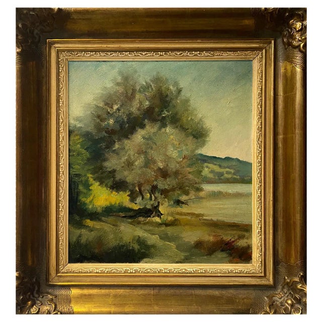 Hans Hotz, Tree by the Lake, Oil on Cardboard For Sale