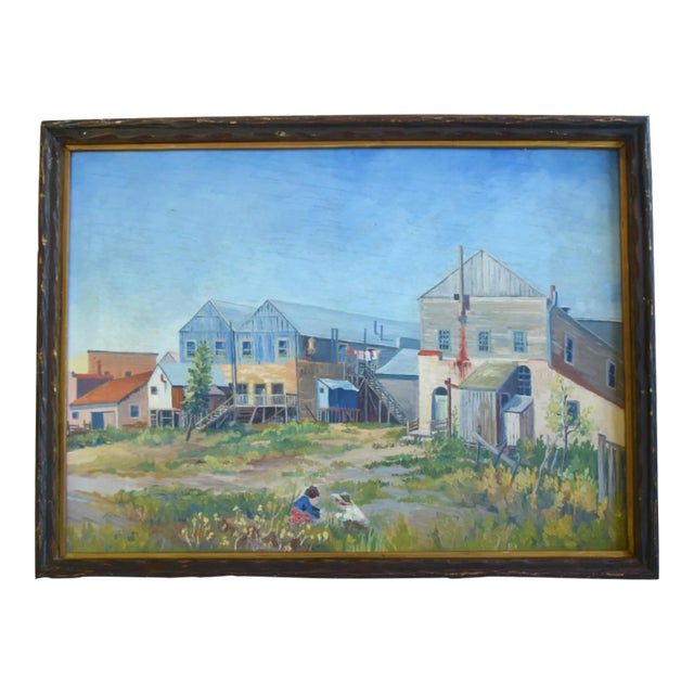 Listed Artist Joseph Zeller Buildings & Meadow With Children Landscape Oil Painting W/ Frame For Sale