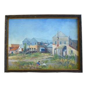 Listed Artist Joseph Zeller Buildings & Meadow With Children Landscape Oil Painting W/ Frame