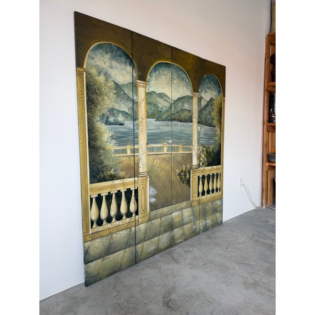 Hollywood Regency Vintage Hand-Painted Four-Panel Folding Screen – Architectural Landscape Room Divider For Sale - Image 3 of 12