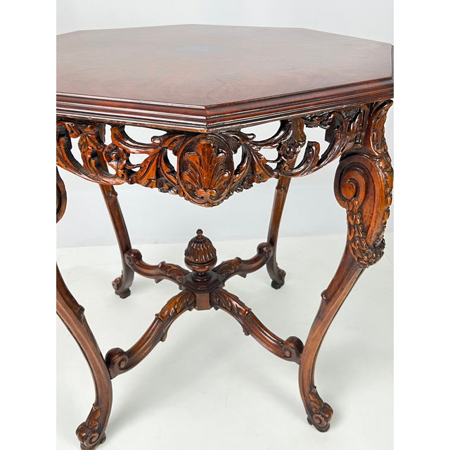 Rococo Revival Carved Walnut & Burl Octagonal Accent Table For Sale - Image 6 of 16