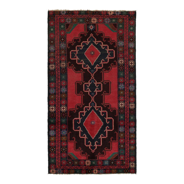 Rug & Kilim’s Baluch Tribal Runner Rug With Red and Navy Blue Diamond Medallions For Sale