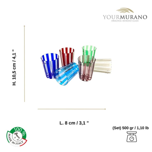 Embellish your special occasions with this set of crystal Murano glass glasses, with elegant vertical colored stripes....