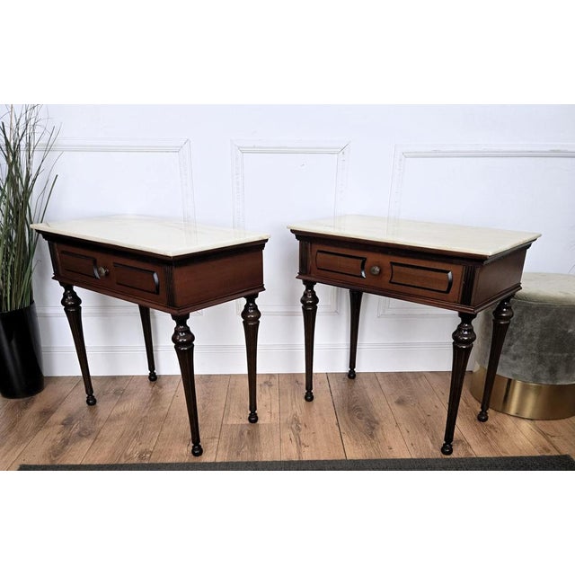 Mid-Century Modern Italian Art Deco Wooden Nightstands with Marble Top, 1950s, Set of 2 For Sale - Image 9 of 10