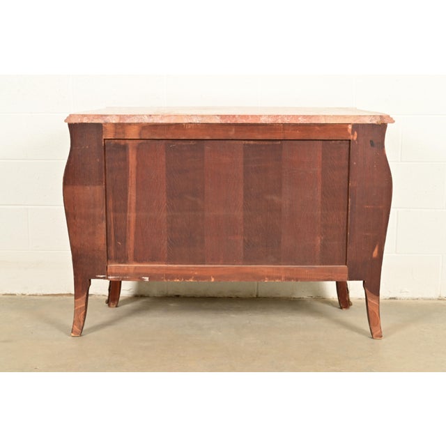 Paul Sormani Style Antique French Provincial Louis XV Kingwood Inlaid Marquetry Marble Top Commode With Mounted Ormolu | Circa 1920s For Sale - Image 15 of 17