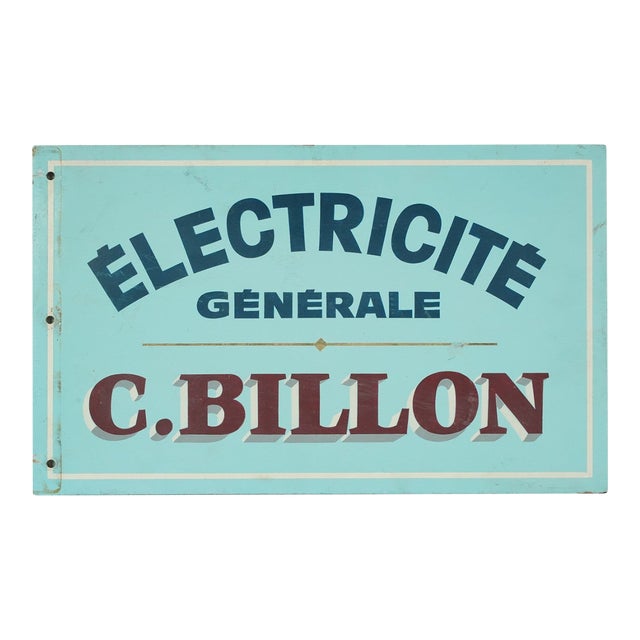 French Wooden Double Sided Blue Electricite Sign For Sale