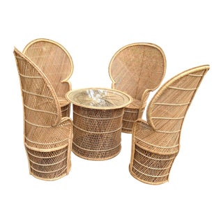 5 Piece Rattan Bohemian Fan Chair Table Set For Sale