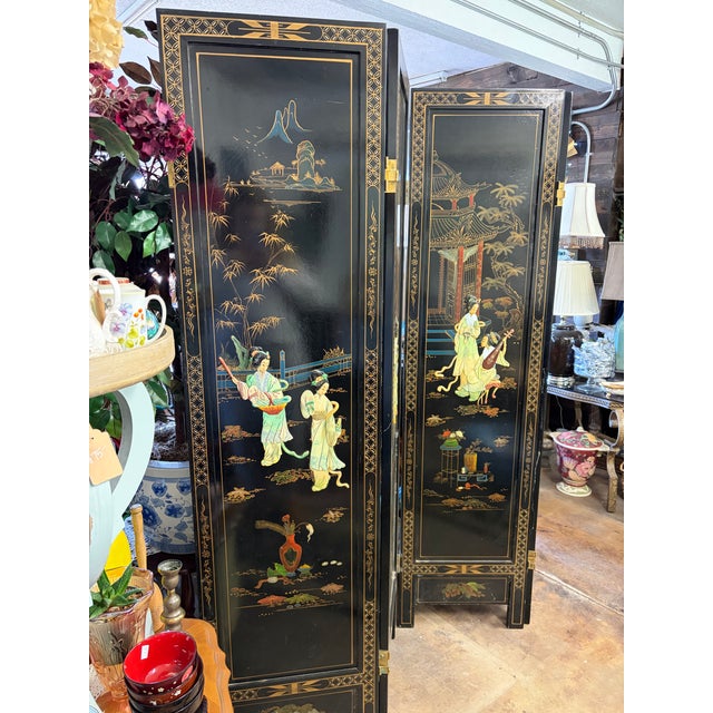 Chinese Vintage Chinese Black Lacquer 4-Panel Coromandel Screen 6ft Hand Painted For Sale - Image 3 of 5