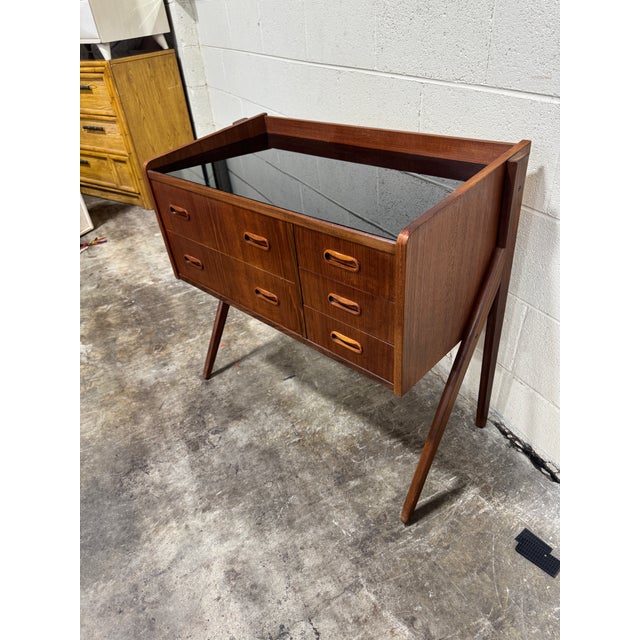 Mid-Century Modern Danish Mini Mid Century Teak Glass Top Console Night Table Vanity For Sale - Image 3 of 9