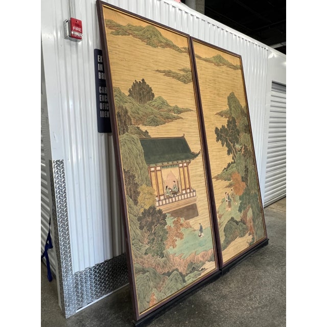 Wood Large Chinese Paintings on Rice Paper Mounted on Wood - A Pair For Sale - Image 7 of 13