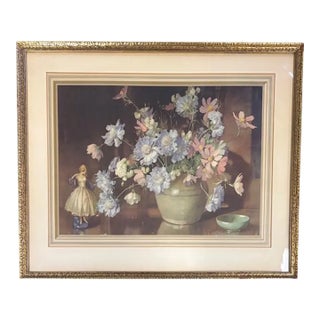 1930's English Still Life Botanical Print by British Artist Edwin Byatt in Original Gilt Wood Frame For Sale