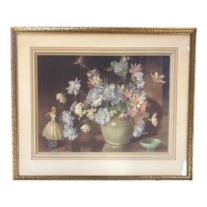 1930's English Still Life Botanical Print by British Artist Edwin Byatt in Original Gilt Wood Frame