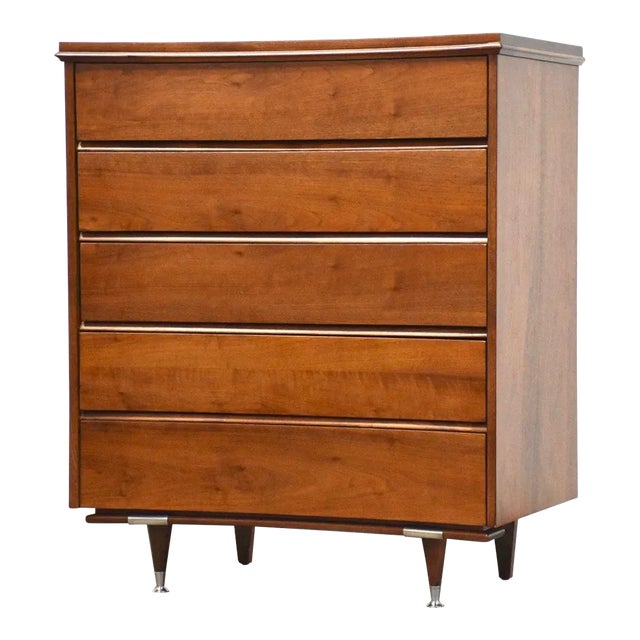 Walnut Tall Refinished Mid Century Dresser For Sale