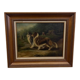 Antique Framed Oil Painting of Two Collie Dogs in Woodland Landscape, Traditional Canine Portrait Possibly 1890s - Unsigned For Sale