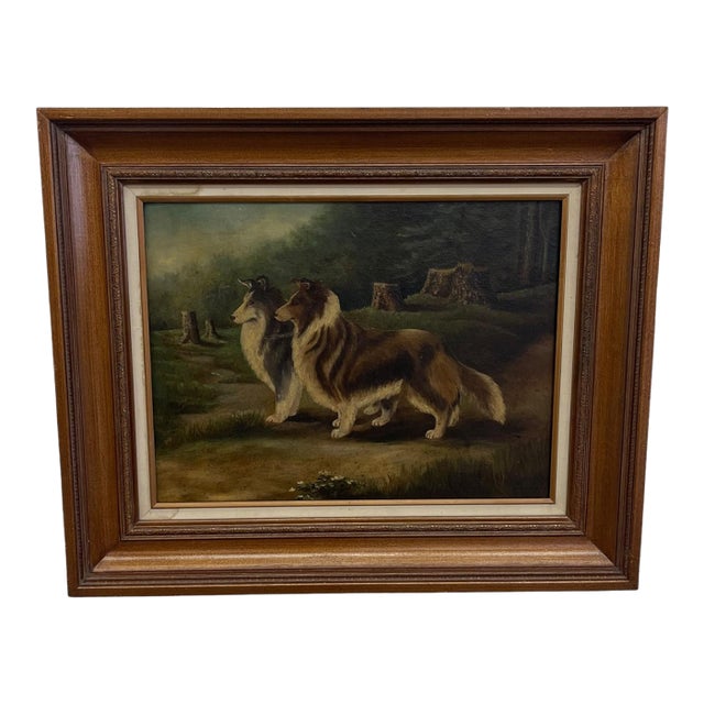 Antique Framed Oil Painting of Two Collie Dogs in Woodland Landscape, Traditional Canine Portrait Possibly 1890s - Unsigned For Sale