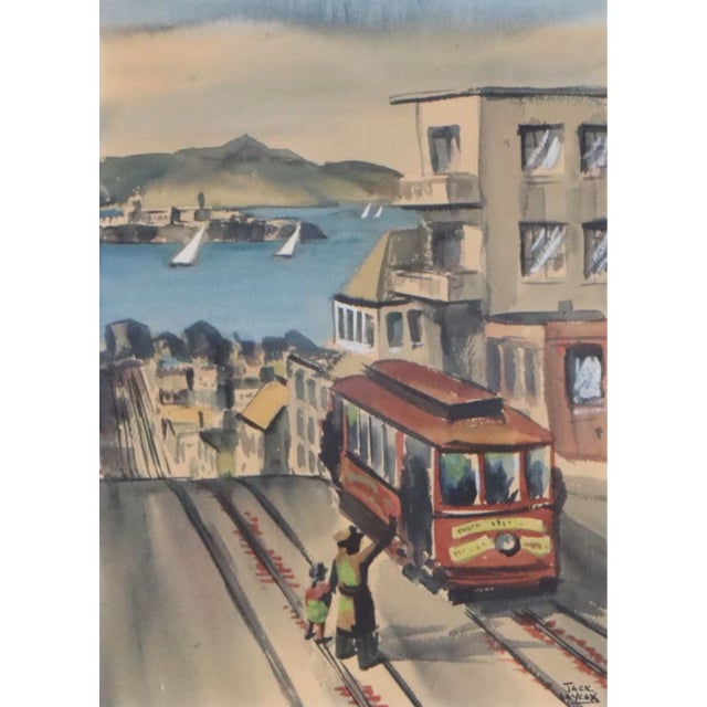Mid-Century Modern Jack Laycox Watercolor San Francisco Trolley Circa 1960s Framed Signed For Sale - Image 3 of 14