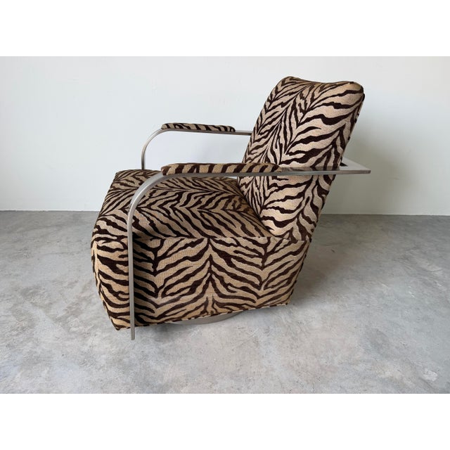 Thayer Goggin “Zac” Zebra Print Swivel Lounge Chair in Brushed Stainless Steel For Sale - Image 9 of 12