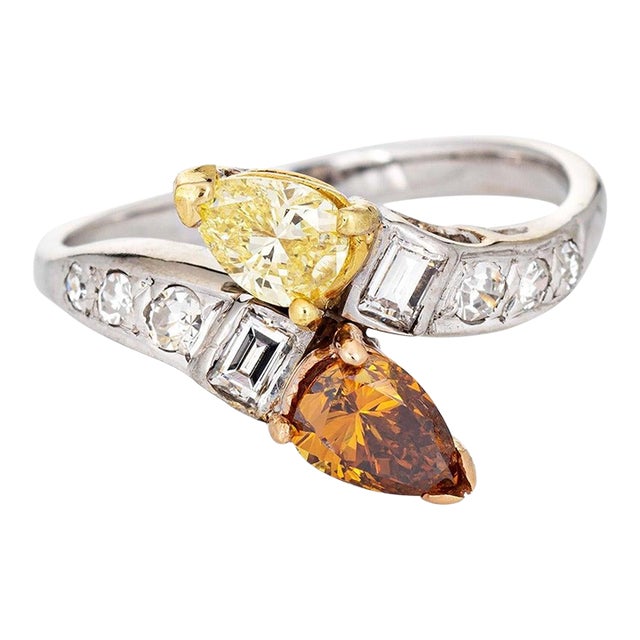 Colored Diamond Moi et Toi Ring Vintage 14k White Gold Sz 6.75 Bridal Jewelry For Sale