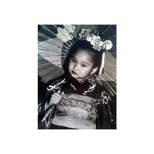 Vintage 1950s black-and-white photograph "Japanese Doll" by Ruth McNutt. Exhibited in the 1958 Sunset Camera Club's Print...