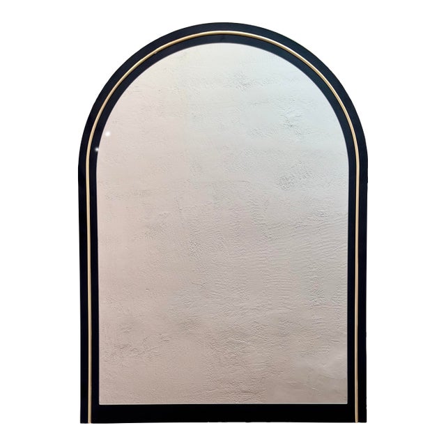 Art Deco Revival Large Arched Black & Gold Framed Wall Mirror Circa 1980s For Sale