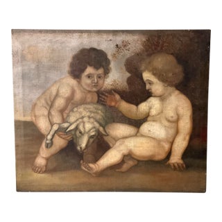 19th Century Italian School Oil Painting of the Christ Child and Infant Saint John With Lamb For Sale