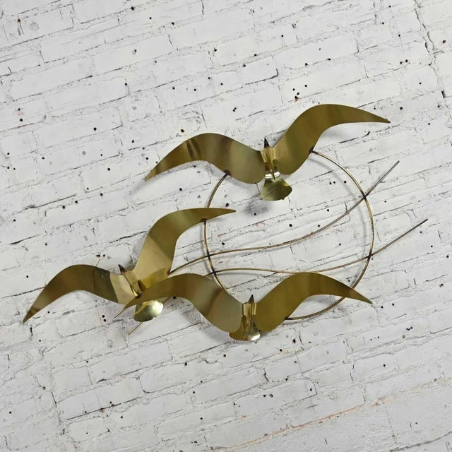 Modern Mid Century Modern 1985 C Jere Brass Plated Bird Flock of Seagulls Wall Sculpture Signed For Sale - Image 3 of 13