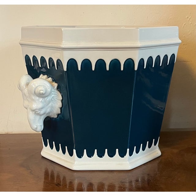 Blue Italian Mancioli Mid-Century Modern Ceramic Cachepot Planter With Ram's Head Handles For Sale - Image 8 of 13