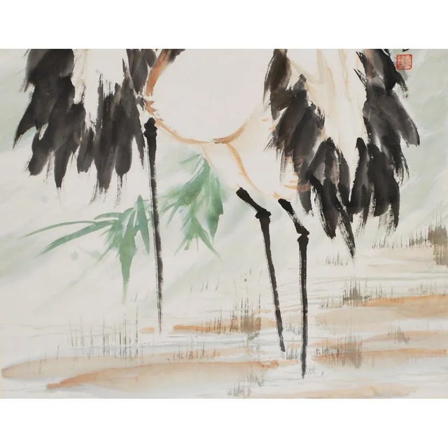 Large MidCentury Japanese Cranes Watercolor Painting Chairish