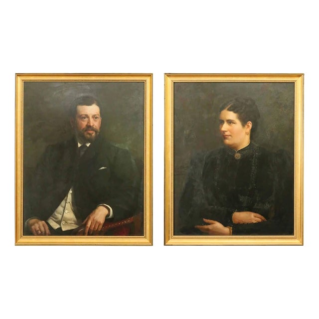 Couple Portraits, 1894, Oil Painting on Panel, Framed, Set of 2 For Sale