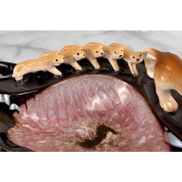 Blue Mid-Century Atomic Drip Glazed Ceramic Lion & Cubs Ashtray For Sale - Image 8 of 10