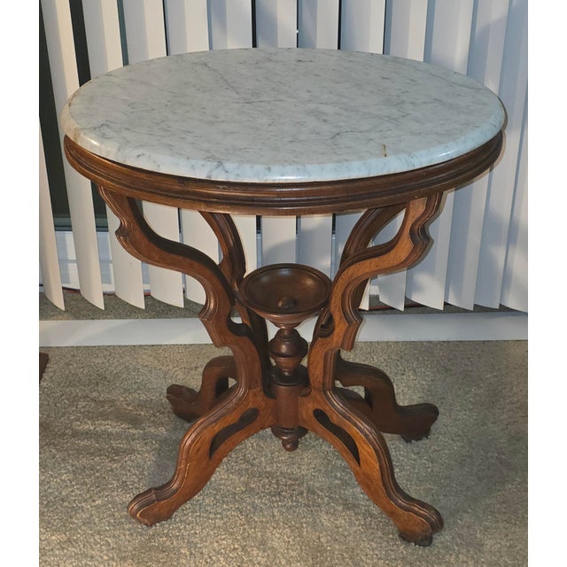 Victorian Eastlake Oval Marble-Top Walnut Parlor Table, C. 1880 For Sale In Detroit - Image 6 of 7