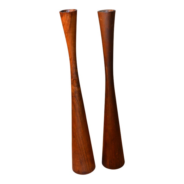 Pair Sculptural Danish Modern Mid Century Tall Teak Candlesticks Taper Holders For Sale