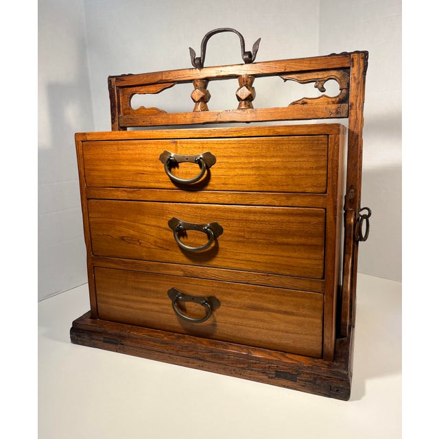 Antique Chinese Portable 3 Drawers Wedding Dowry Wooden Chest Wrought Iron Aprox. dimensions: 20"H x 20"W x 13.5"D Weight:...