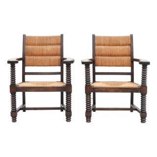 French Oak and Rush Armchairs by Charles Dudouyt, 1940s, Set of 2 For Sale
