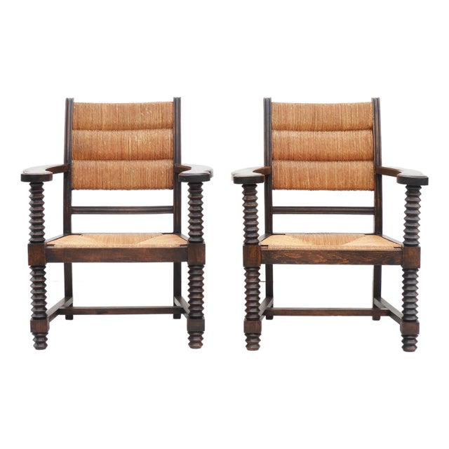 French Oak and Rush Armchairs by Charles Dudouyt, 1940s, Set of 2 For Sale