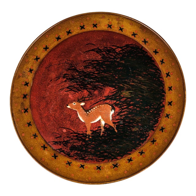 Hand Turned Large Round Vintage Solid Wood Deer Painted Tray For Sale