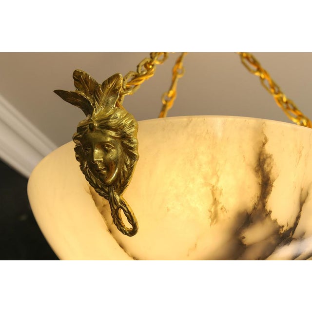 White Alabaster and Bronze Three-Light Pendant Chandelier, France, 1920s For Sale - Image 4 of 18