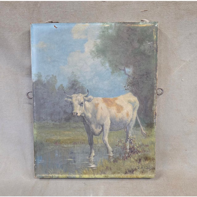 A charming circa 1900 small gouache painting on canvas of a Cow in a Stream by Canadian / American listed illustration...