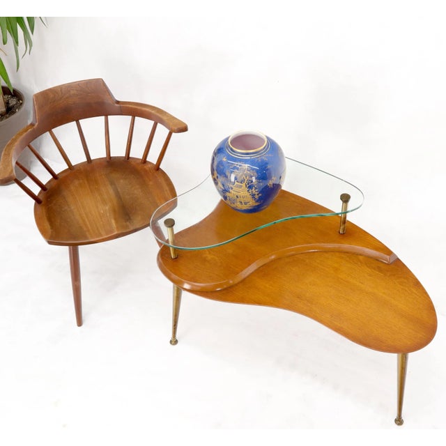 Mid 20th Century Kidney Comma Shape Two Tier Glass Walnut & Brass Conical Leg Coffee Side Table For Sale - Image 5 of 12