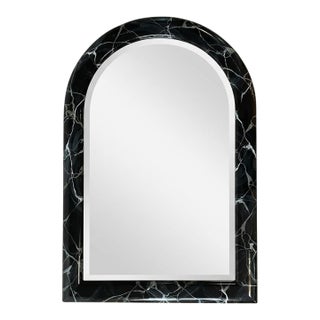 Vintage 1980s Postmodern Faux Black Marble Lacquered Arch Wall Mirror For Sale