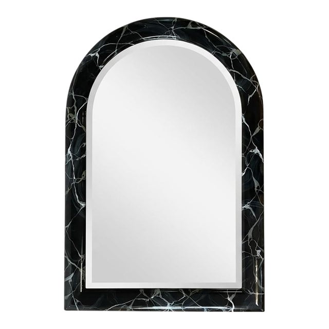 Vintage 1980s Postmodern Faux Black Marble Lacquered Arch Wall Mirror For Sale